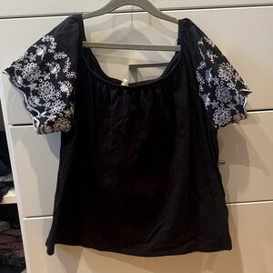 H&M Black Blouse with White Embroidery